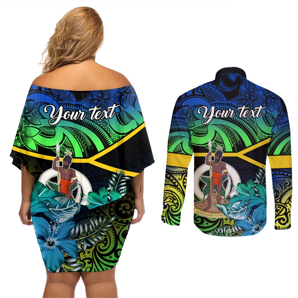 personalised-malampa-day-couples-matching-off-shoulder-short-dress-and-long-sleeve-button-shirts-vanuatu-flowers-with-malampa-emblem-tribal-pattern