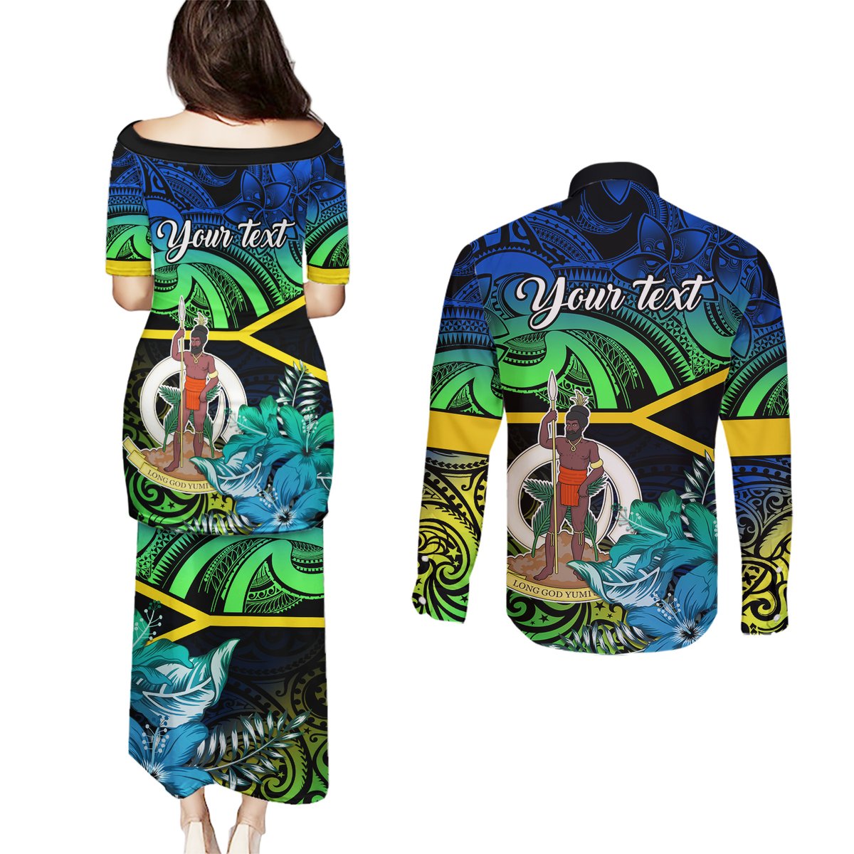 personalised-malampa-day-couples-matching-puletasi-dress-and-long-sleeve-button-shirts-vanuatu-flowers-with-malampa-emblem-tribal-pattern