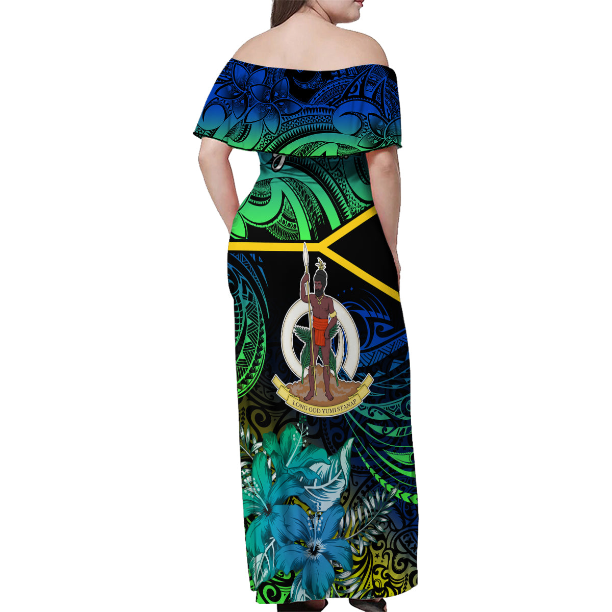 personalised-malampa-day-family-matching-off-shoulder-maxi-dress-and-hawaiian-shirt-vanuatu-flowers-with-malampa-emblem-tribal-pattern