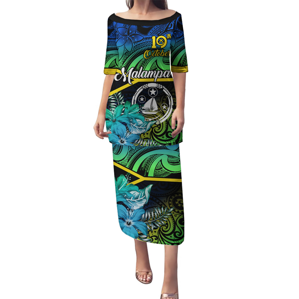 Personalised Malampa Day Family Matching Puletasi Dress and Hawaiian Shirt Vanuatu Flowers with Malampa Emblem Tribal Pattern LT9 Mom's Dress Black - Polynesian Pride