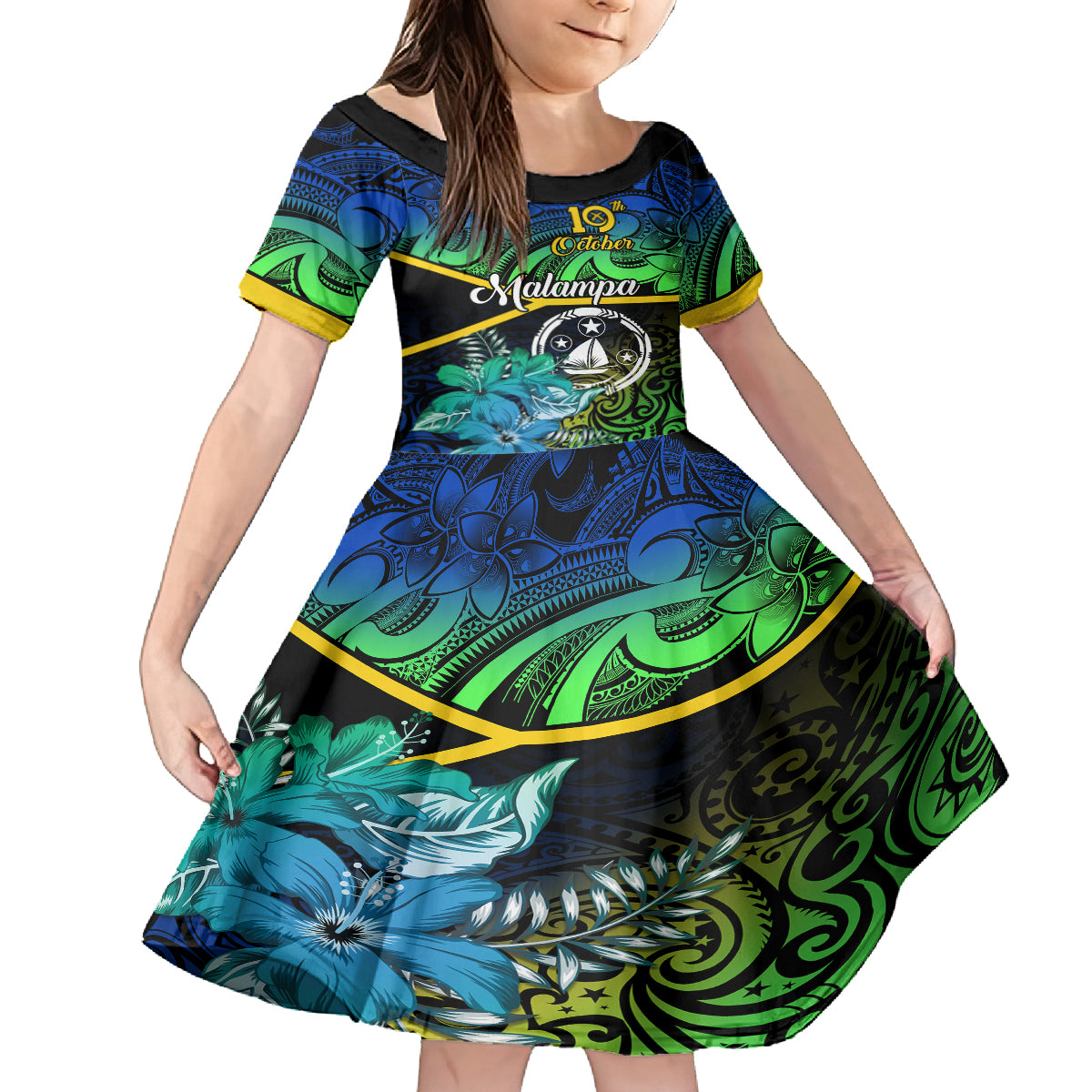 Personalised Malampa Day Family Matching Tank Maxi Dress and Hawaiian Shirt Vanuatu Flowers with Malampa Emblem Tribal Pattern LT9 Daughter's Dress Black - Polynesian Pride