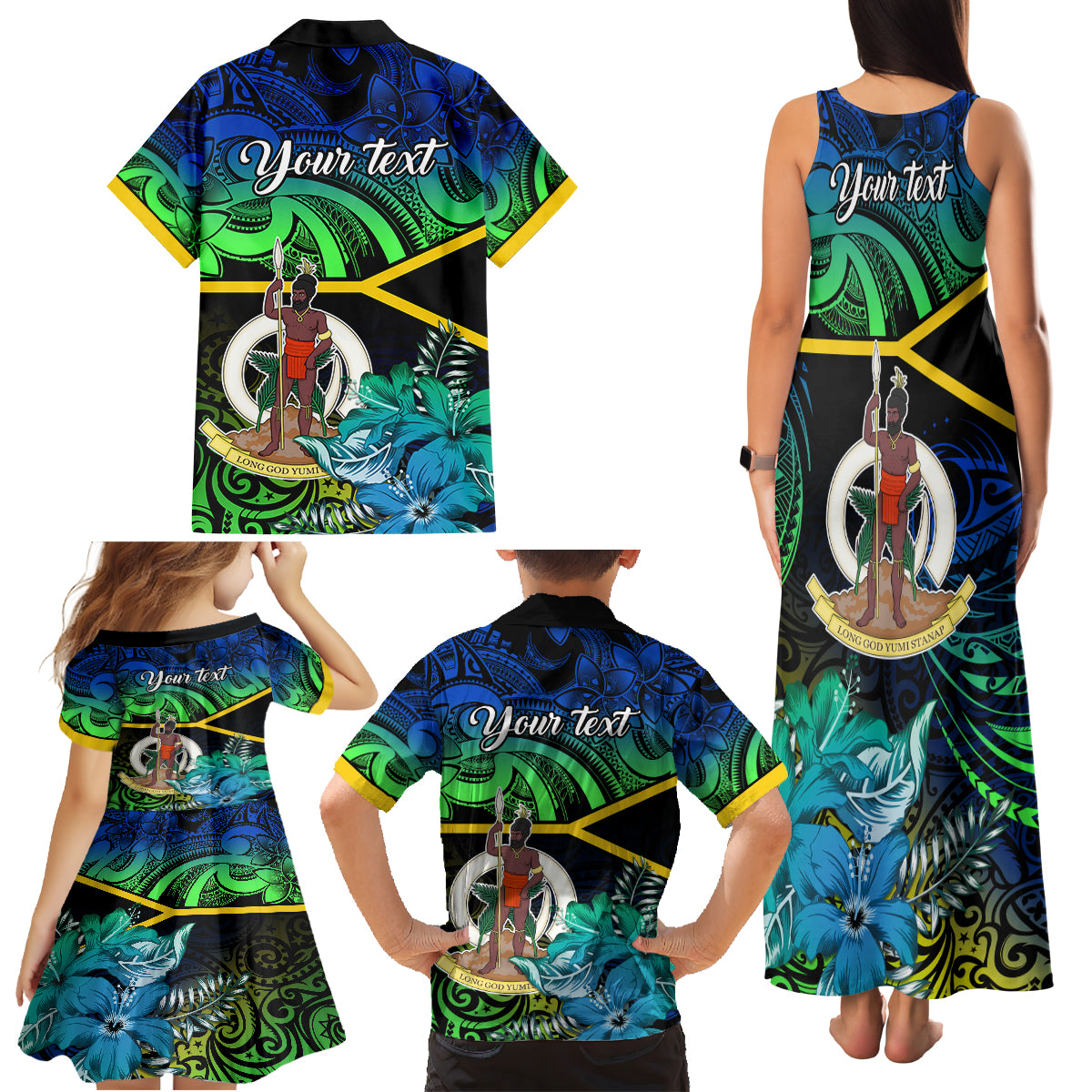 Personalised Malampa Day Family Matching Tank Maxi Dress and Hawaiian Shirt Vanuatu Flowers with Malampa Emblem Tribal Pattern LT9 - Polynesian Pride
