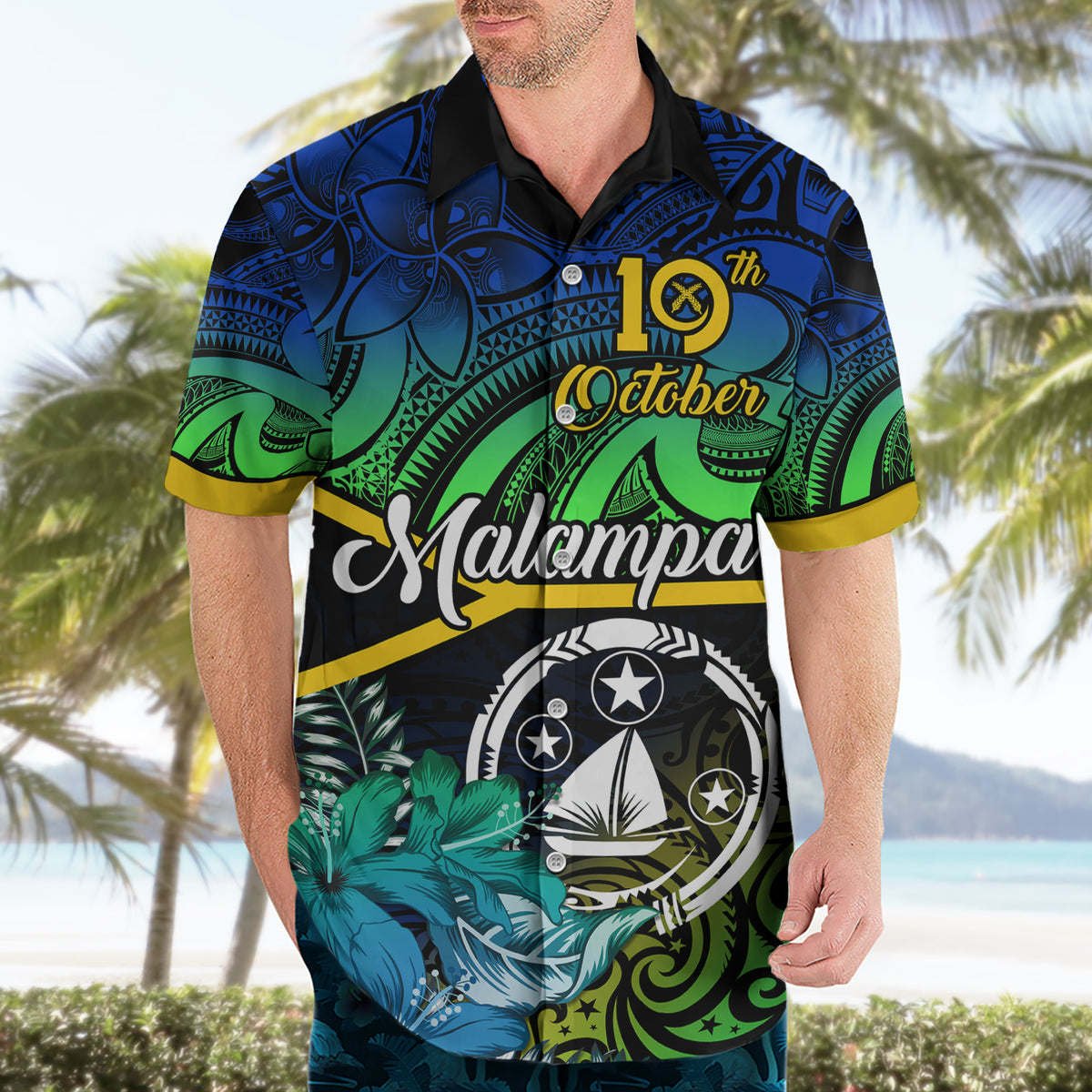 personalised-malampa-day-hawaiian-shirt-vanuatu-flowers-with-malampa-emblem-tribal-pattern