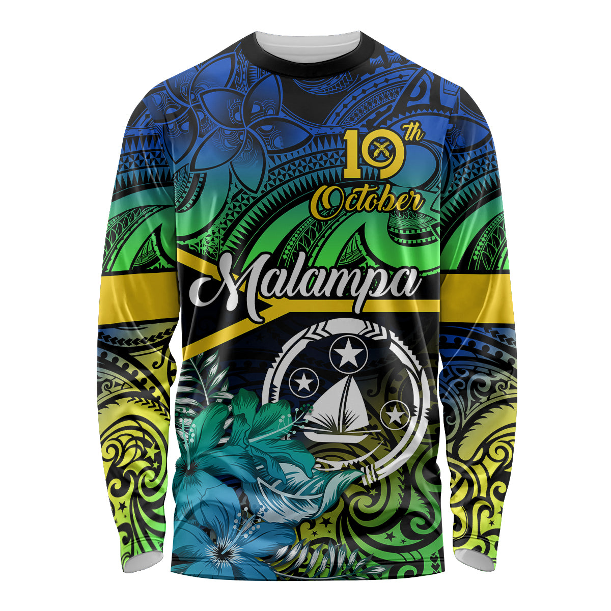 personalised-malampa-day-long-sleeve-shirt-vanuatu-flowers-with-malampa-emblem-tribal-pattern