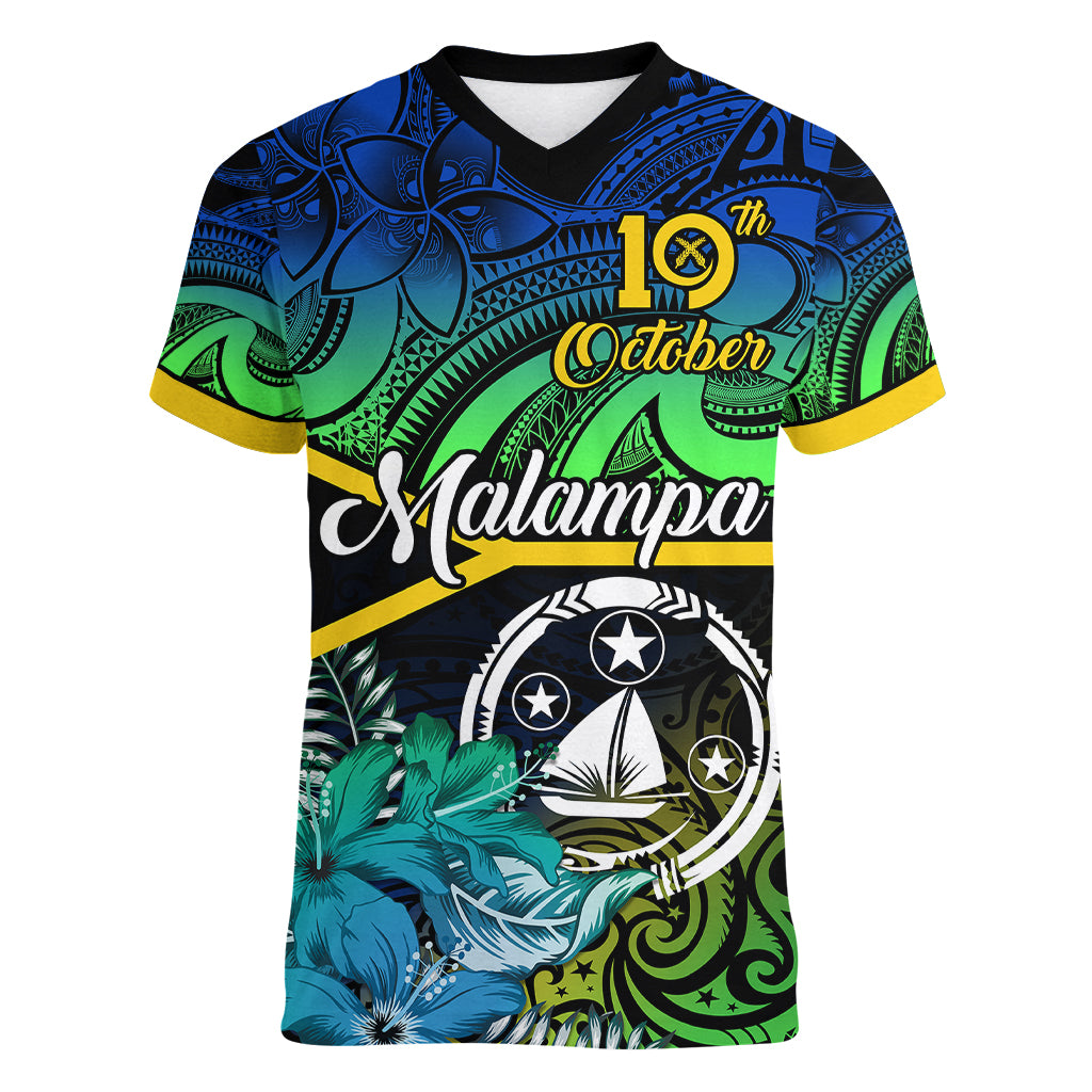 personalised-malampa-day-women-v-neck-t-shirt-vanuatu-flowers-with-malampa-emblem-tribal-pattern