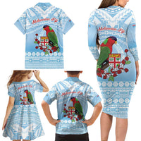 Melanesian Fiji Kula Bird Family Matching Long Sleeve Bodycon Dress and Hawaiian Shirt with Tagimoucia Masi Tapa Pattern