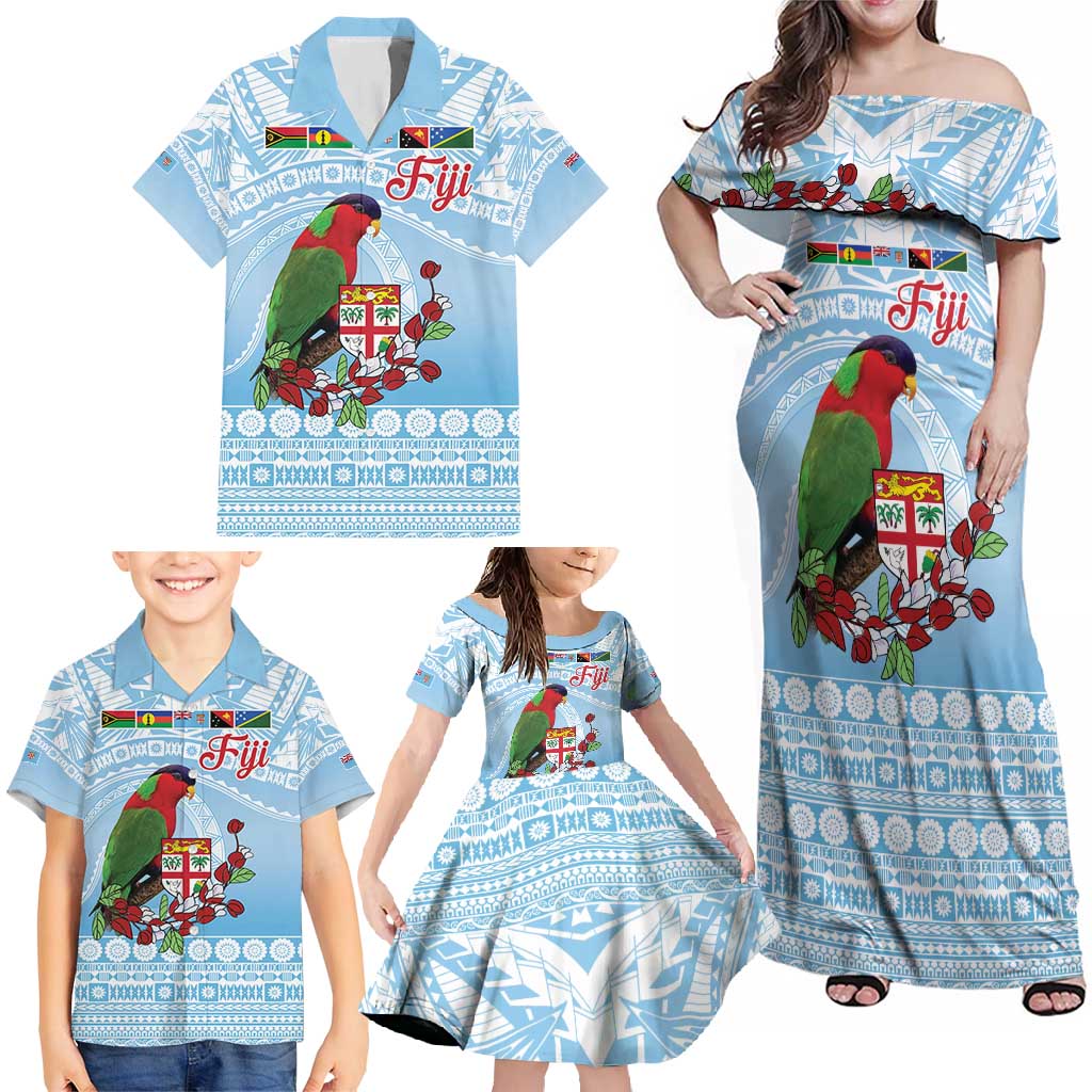 Melanesian Fiji Kula Bird Family Matching Off Shoulder Maxi Dress and Hawaiian Shirt with Tagimoucia Masi Tapa Pattern