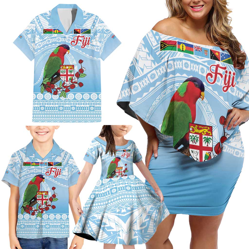 Melanesian Fiji Kula Bird Family Matching Off Shoulder Short Dress and Hawaiian Shirt with Tagimoucia Masi Tapa Pattern