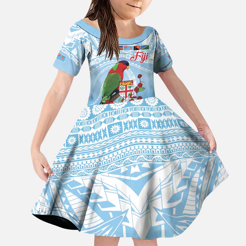 Melanesian Fiji Kula Bird Family Matching Puletasi and Hawaiian Shirt with Tagimoucia Masi Tapa Pattern LT9 Daughter's Dress Blue - Polynesian Pride