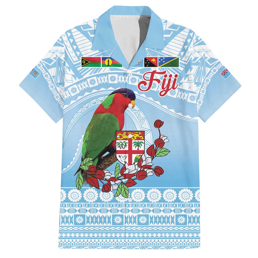 Melanesian Fiji Kula Bird Family Matching Puletasi and Hawaiian Shirt with Tagimoucia Masi Tapa Pattern LT9 Dad's Shirt - Short Sleeve Blue - Polynesian Pride