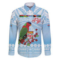 Melanesian Fiji Kula Bird Family Matching Puletasi and Hawaiian Shirt with Tagimoucia Masi Tapa Pattern LT9 Dad's Shirt - Long Sleeve Blue - Polynesian Pride