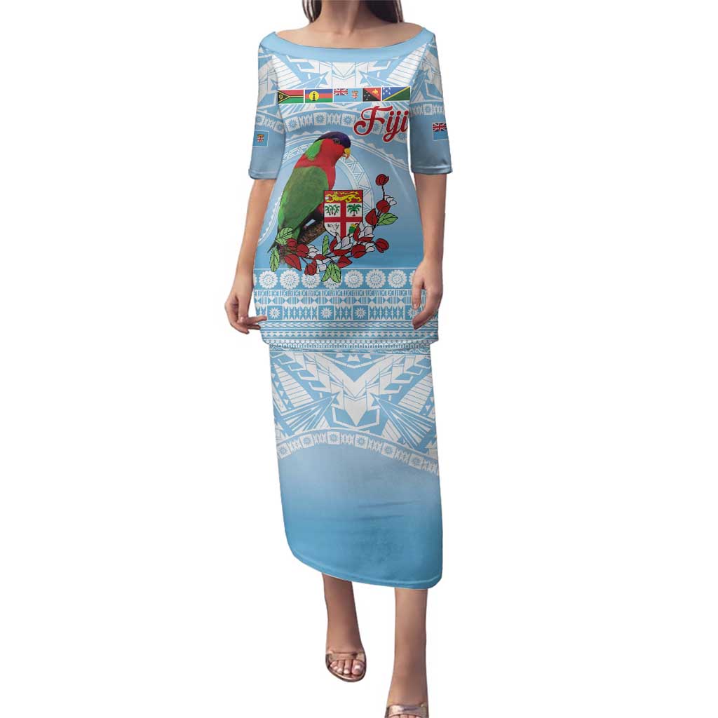 Melanesian Fiji Kula Bird Family Matching Puletasi and Hawaiian Shirt with Tagimoucia Masi Tapa Pattern LT9 Mom's Dress Blue - Polynesian Pride