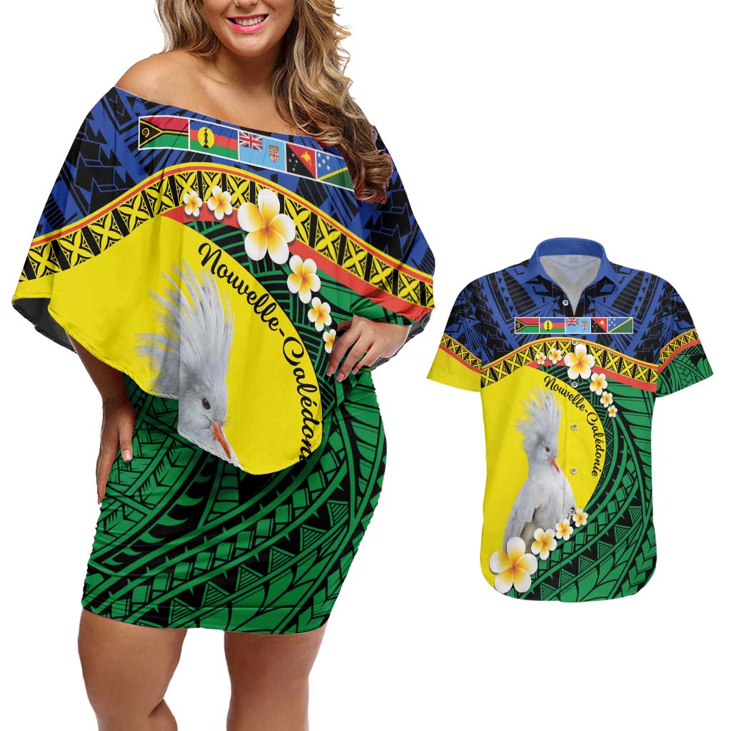 Melanesian New Caledonia Couples Matching Off Shoulder Short Dress and Hawaiian Shirt Plumeria Kagu Bird and Nautilus Shell LT9 Blue - Polynesian Pride