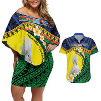 Melanesian New Caledonia Couples Matching Off Shoulder Short Dress and Hawaiian Shirt Plumeria Kagu Bird and Nautilus Shell LT9 Blue - Polynesian Pride