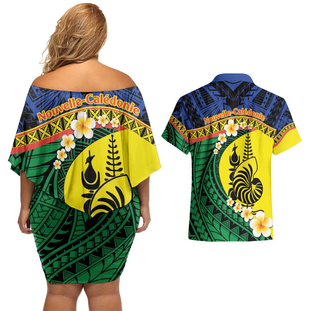 Melanesian New Caledonia Couples Matching Off Shoulder Short Dress and Hawaiian Shirt Plumeria Kagu Bird and Nautilus Shell LT9 - Polynesian Pride