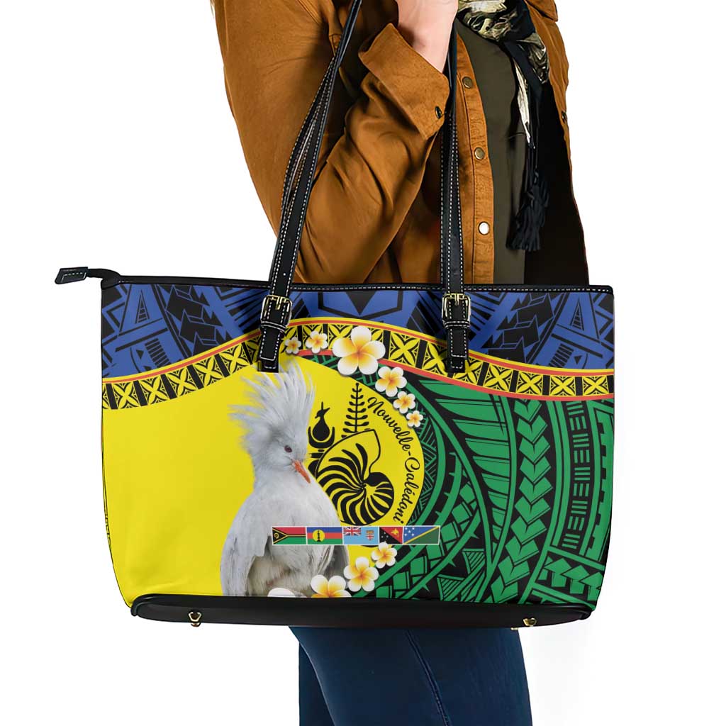 Melanesian New Caledonia Leather Tote Bag Plumeria Kagu Bird and Nautilus Shell
