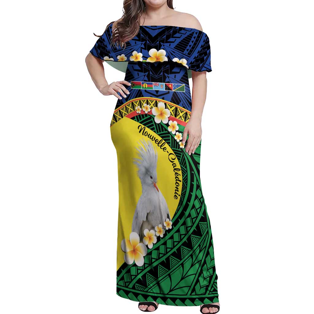 Melanesian New Caledonia Off Shoulder Maxi Dress Plumeria Kagu Bird and Nautilus Shell