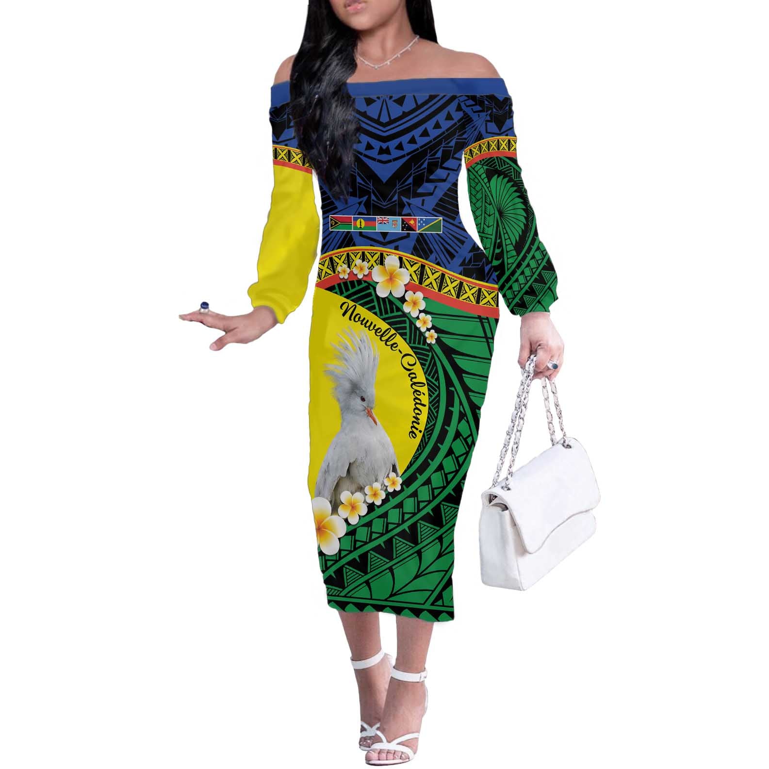 Melanesian New Caledonia Off The Shoulder Long Sleeve Dress Plumeria Kagu Bird and Nautilus Shell