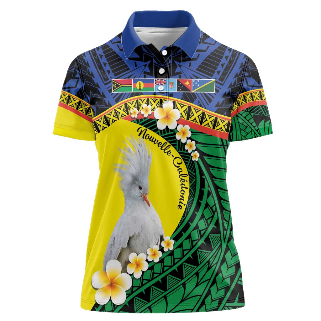 Melanesian New Caledonia Women Polo Shirt Plumeria Kagu Bird and Nautilus Shell