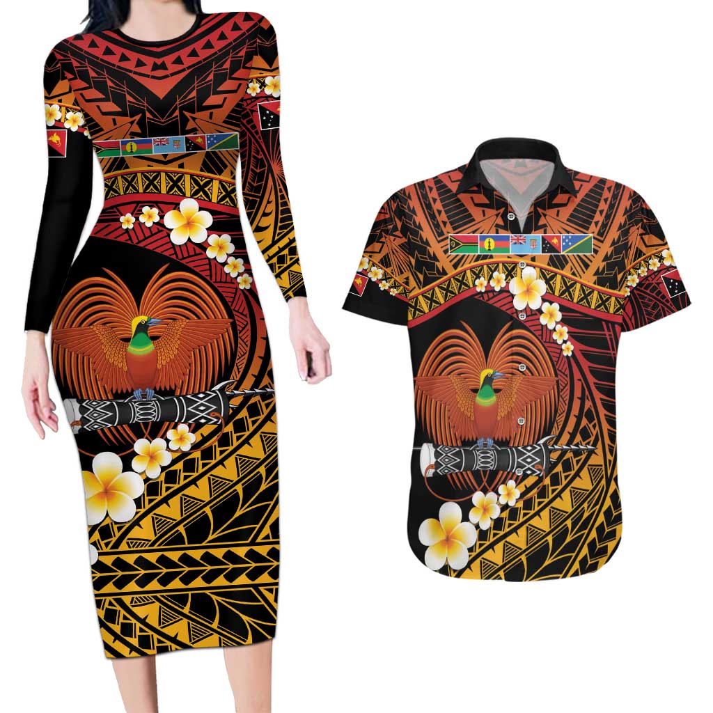 Melanesian Papua New Guinea Couples Matching Long Sleeve Bodycon Dress and Hawaiian Shirt Plumeria Bird of Paradise Tribal