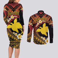 Melanesian Papua New Guinea Couples Matching Long Sleeve Bodycon Dress and Long Sleeve Button Shirt Plumeria Bird of Paradise Tribal