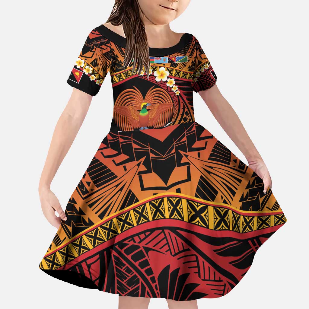 Melanesian Papua New Guinea Family Matching Long Sleeve Bodycon Dress and Hawaiian Shirt Plumeria Bird of Paradise Tribal LT9 Daughter's Dress Red - Polynesian Pride