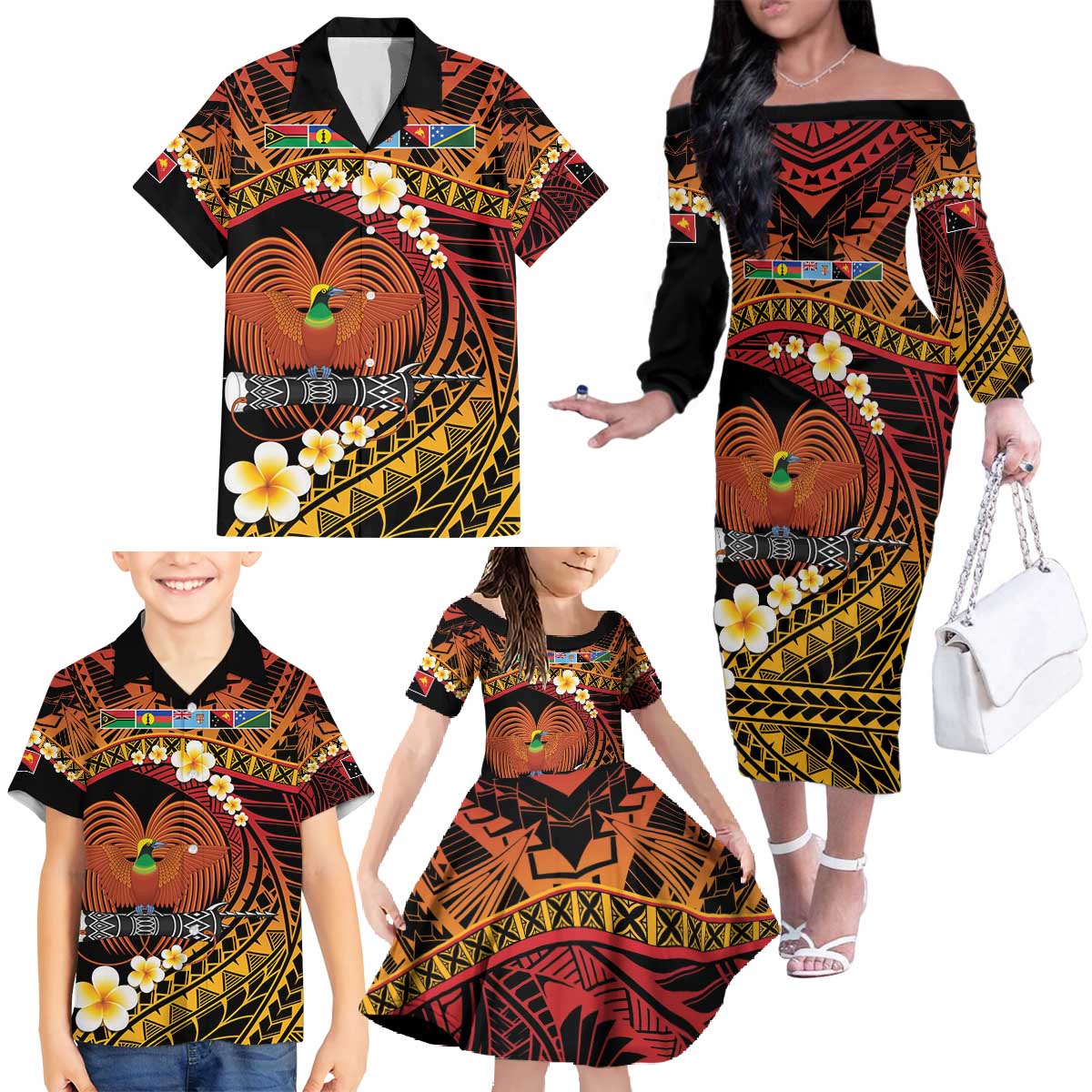 Melanesian Papua New Guinea Family Matching Off The Shoulder Long Sleeve Dress and Hawaiian Shirt Plumeria Bird of Paradise Tribal LT9 - Polynesian Pride