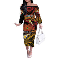Melanesian Papua New Guinea Family Matching Off The Shoulder Long Sleeve Dress and Hawaiian Shirt Plumeria Bird of Paradise Tribal LT9 Mom's Dress Red - Polynesian Pride