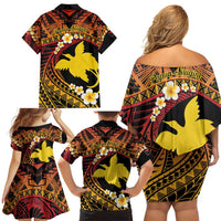 Melanesian Papua New Guinea Family Matching Off Shoulder Short Dress and Hawaiian Shirt Plumeria Bird of Paradise Tribal