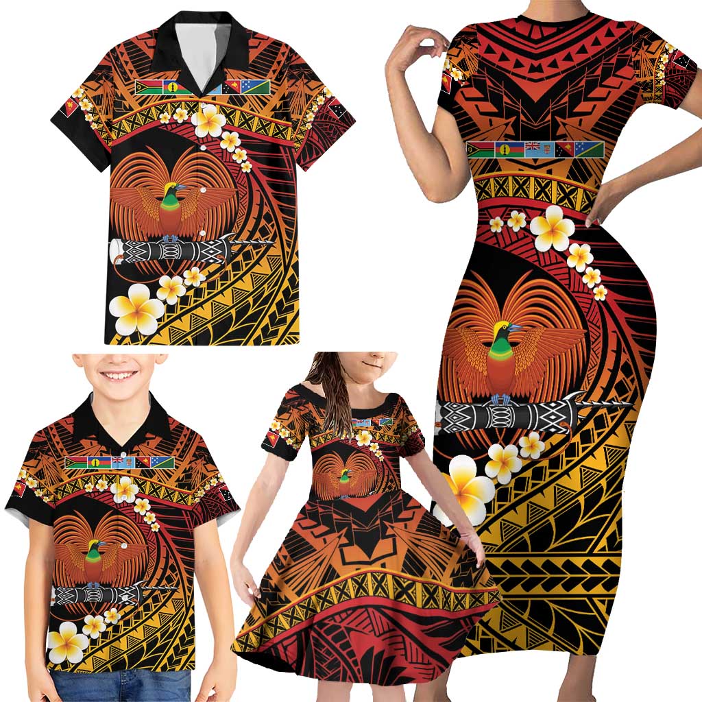 Melanesian Papua New Guinea Family Matching Short Sleeve Bodycon Dress and Hawaiian Shirt Plumeria Bird of Paradise Tribal LT9 - Polynesian Pride