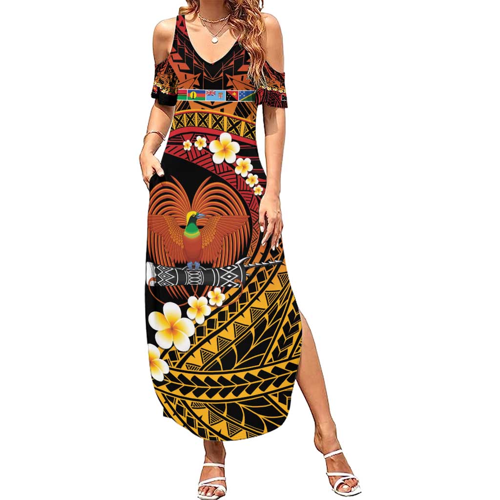 Melanesian Papua New Guinea Family Matching Summer Maxi Dress and Hawaiian Shirt Plumeria Bird of Paradise Tribal