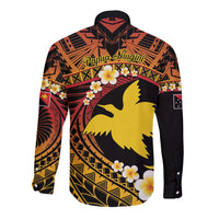 Melanesian Papua New Guinea Long Sleeve Button Shirt Plumeria Bird of Paradise Tribal