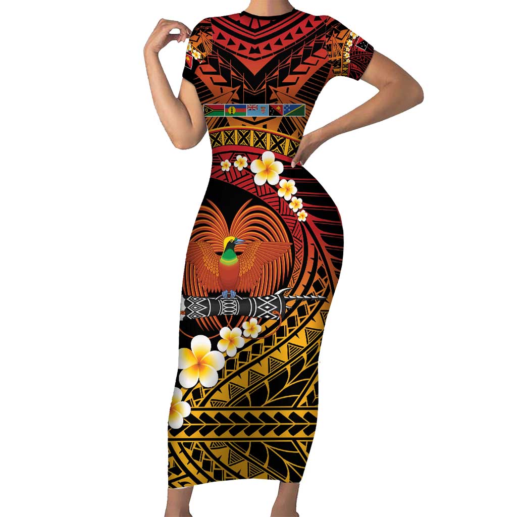 Melanesian Papua New Guinea Short Sleeve Bodycon Dress Plumeria Bird of Paradise Tribal