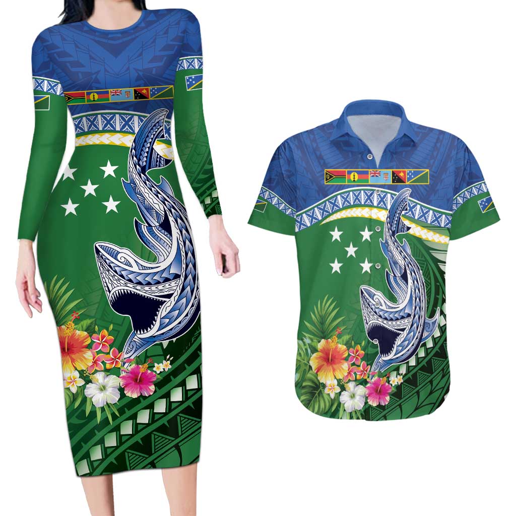 Melanesian Solomon Islands Couples Matching Long Sleeve Bodycon Dress and Hawaiian Shirt Tropical Shark Tattoo