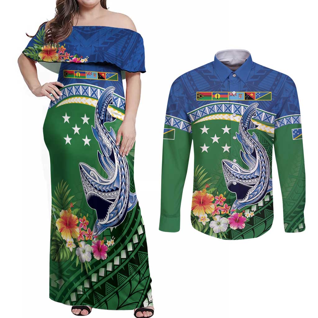 Melanesian Solomon Islands Couples Matching Off Shoulder Maxi Dress and Long Sleeve Button Shirt Tropical Shark Tattoo