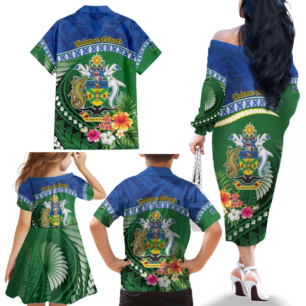 Melanesian Solomon Islands Family Matching Off The Shoulder Long Sleeve Dress and Hawaiian Shirt Tropical Shark Tattoo LT9 - Polynesian Pride