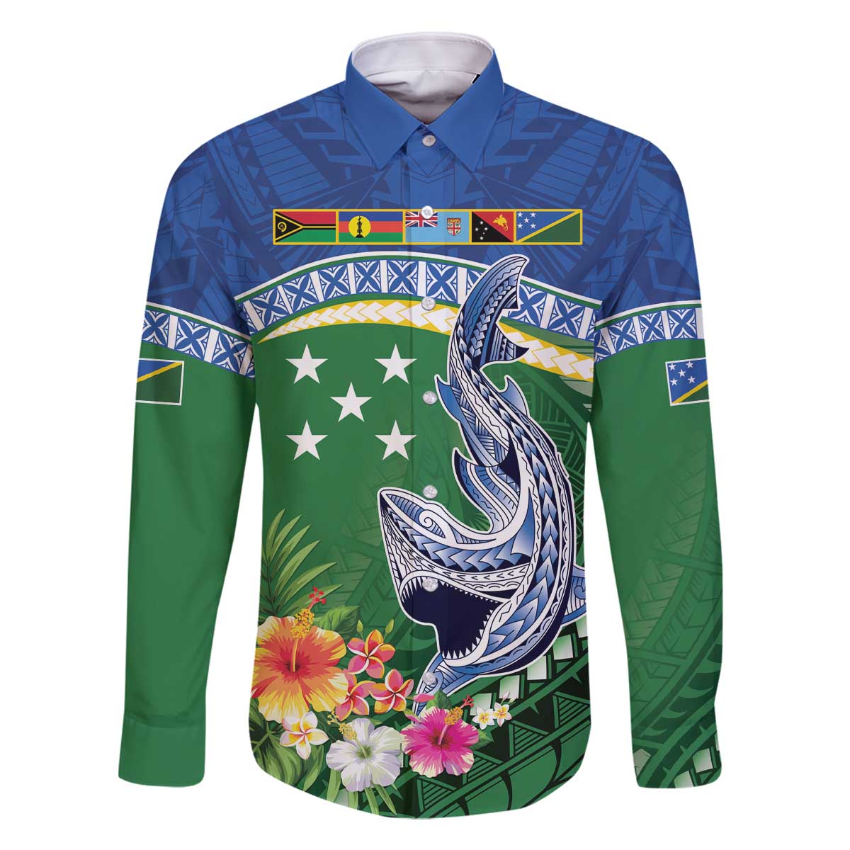 Melanesian Solomon Islands Family Matching Off The Shoulder Long Sleeve Dress and Hawaiian Shirt Tropical Shark Tattoo LT9 Dad's Shirt - Long Sleeve Blue - Polynesian Pride