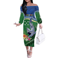 Melanesian Solomon Islands Family Matching Off The Shoulder Long Sleeve Dress and Hawaiian Shirt Tropical Shark Tattoo LT9 Mom's Dress Blue - Polynesian Pride