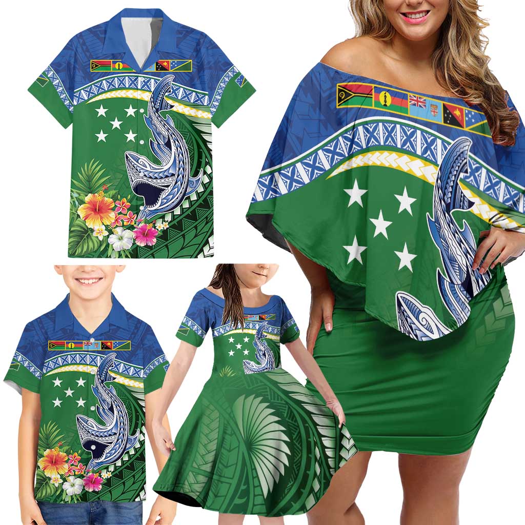 Melanesian Solomon Islands Family Matching Off Shoulder Short Dress and Hawaiian Shirt Tropical Shark Tattoo