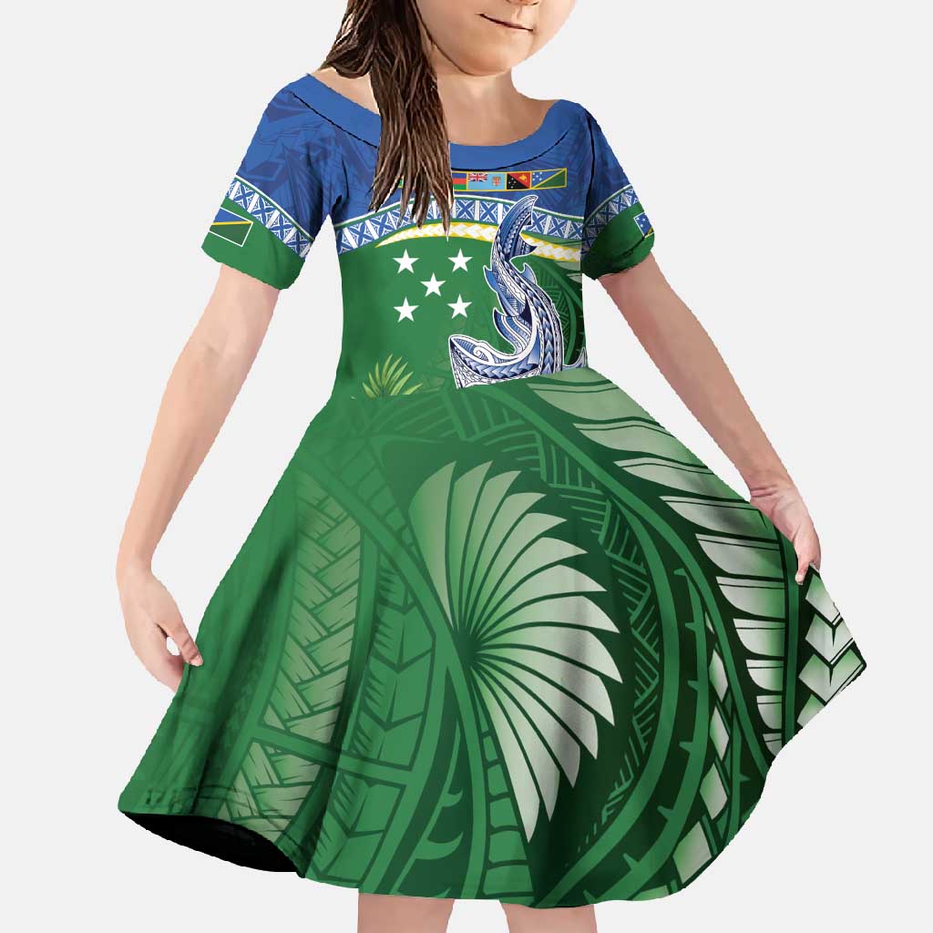 Melanesian Solomon Islands Family Matching Short Sleeve Bodycon Dress and Hawaiian Shirt Tropical Shark Tattoo LT9 Daughter's Dress Blue - Polynesian Pride