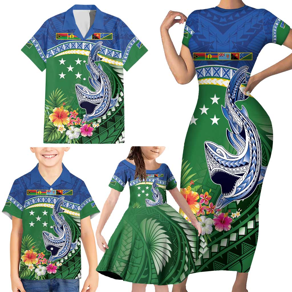 Melanesian Solomon Islands Family Matching Short Sleeve Bodycon Dress and Hawaiian Shirt Tropical Shark Tattoo LT9 - Polynesian Pride