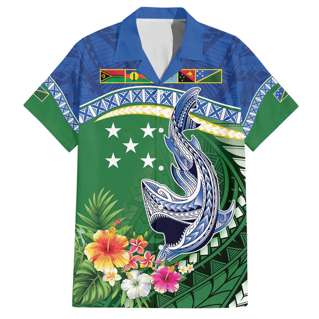 Melanesian Solomon Islands Family Matching Short Sleeve Bodycon Dress and Hawaiian Shirt Tropical Shark Tattoo LT9 Dad's Shirt - Short Sleeve Blue - Polynesian Pride