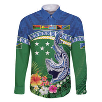 Melanesian Solomon Islands Family Matching Short Sleeve Bodycon Dress and Hawaiian Shirt Tropical Shark Tattoo LT9 Dad's Shirt - Long Sleeve Blue - Polynesian Pride