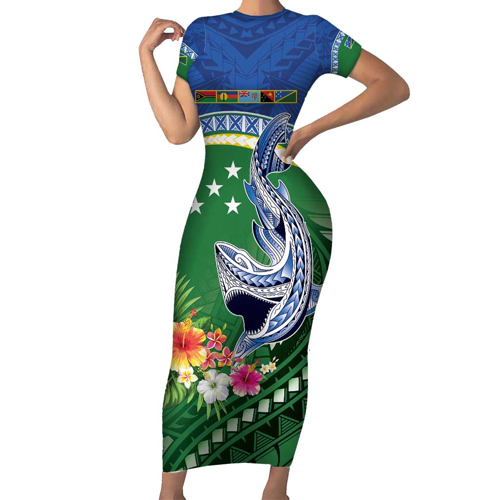 Melanesian Solomon Islands Family Matching Short Sleeve Bodycon Dress and Hawaiian Shirt Tropical Shark Tattoo LT9 Mom's Dress Blue - Polynesian Pride