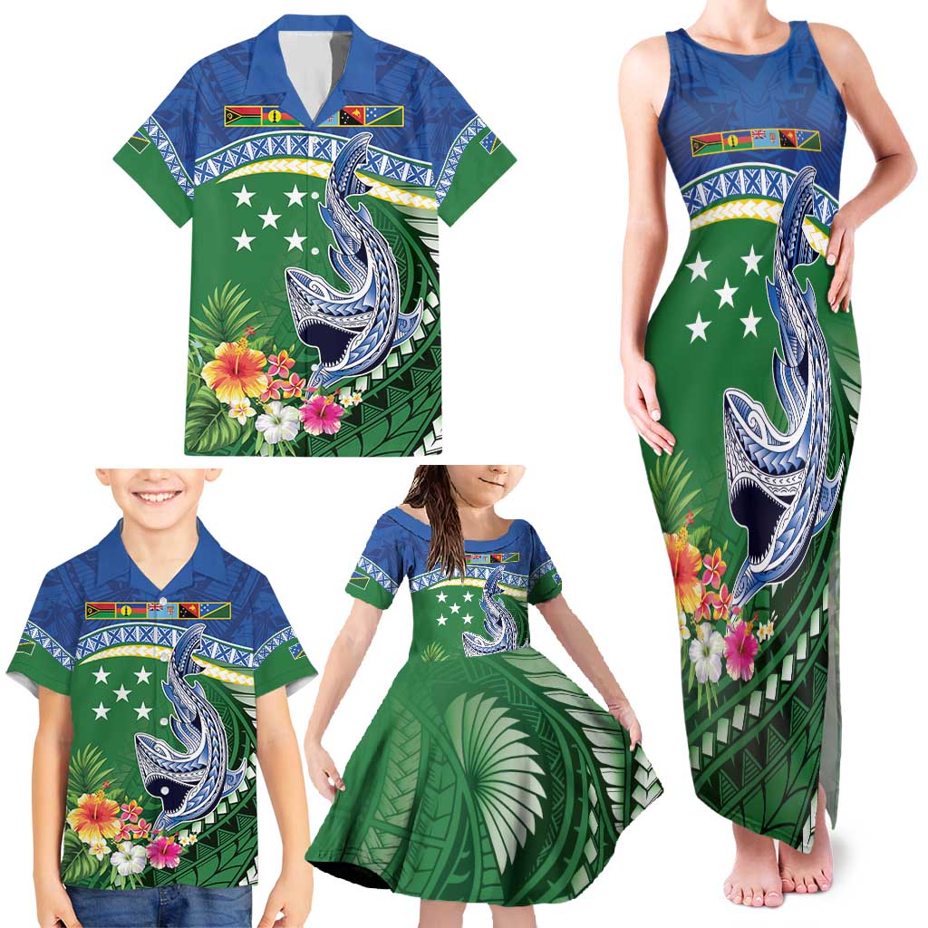 Melanesian Solomon Islands Family Matching Tank Maxi Dress and Hawaiian Shirt Tropical Shark Tattoo