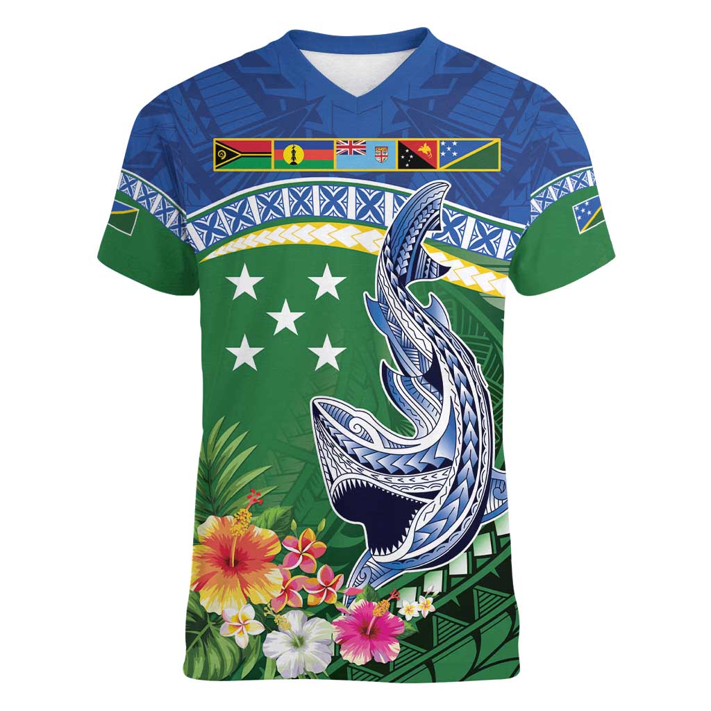 Melanesian Solomon Islands Women V-Neck T-Shirt Tropical Shark Tattoo