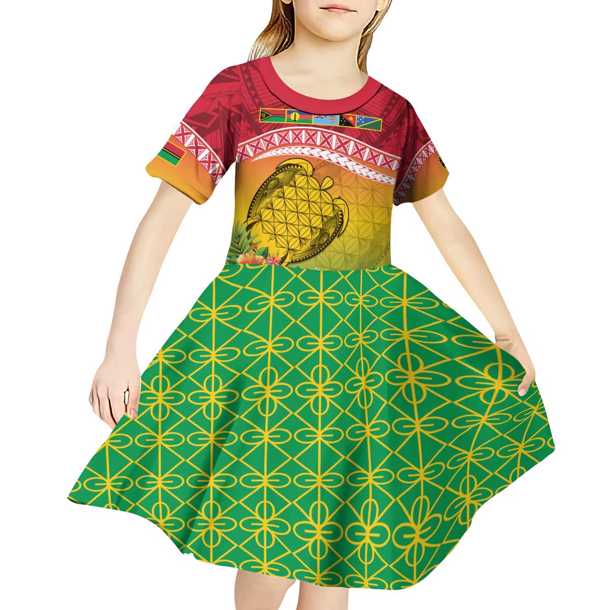 Melanesian Ni-Vanuatu Kid Short Sleeve Dress Sea Turtle with Sand Drawing Pattern