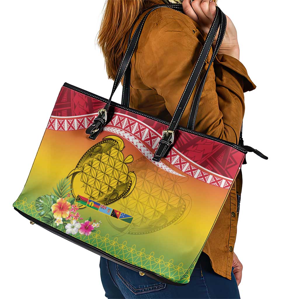 Melanesian Ni-Vanuatu Leather Tote Bag Sea Turtle with Sand Drawing Pattern