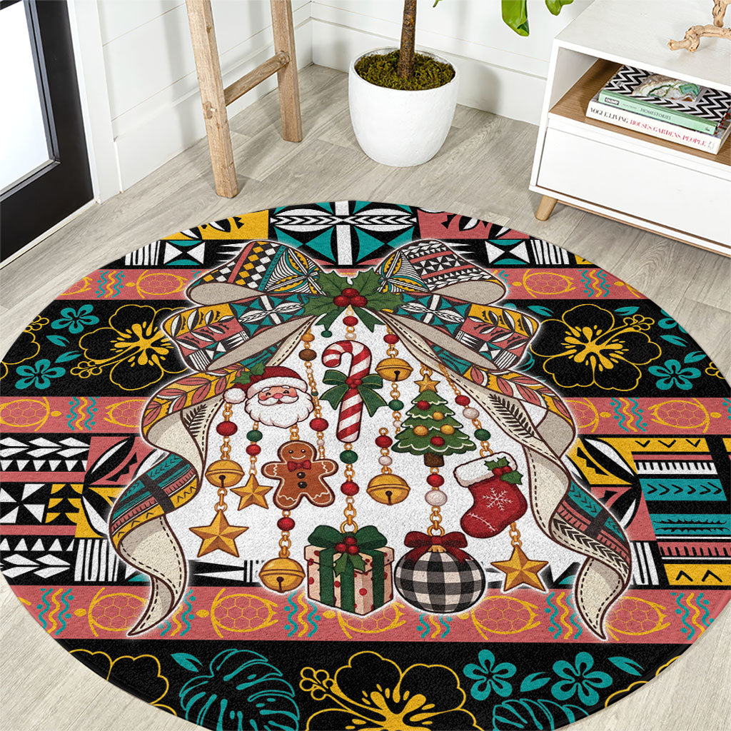 Niue Hiapo Christmas Bow Round Carpet Hapi Krismas Colorful Motif LT9 Multicolor - Polynesian Pride