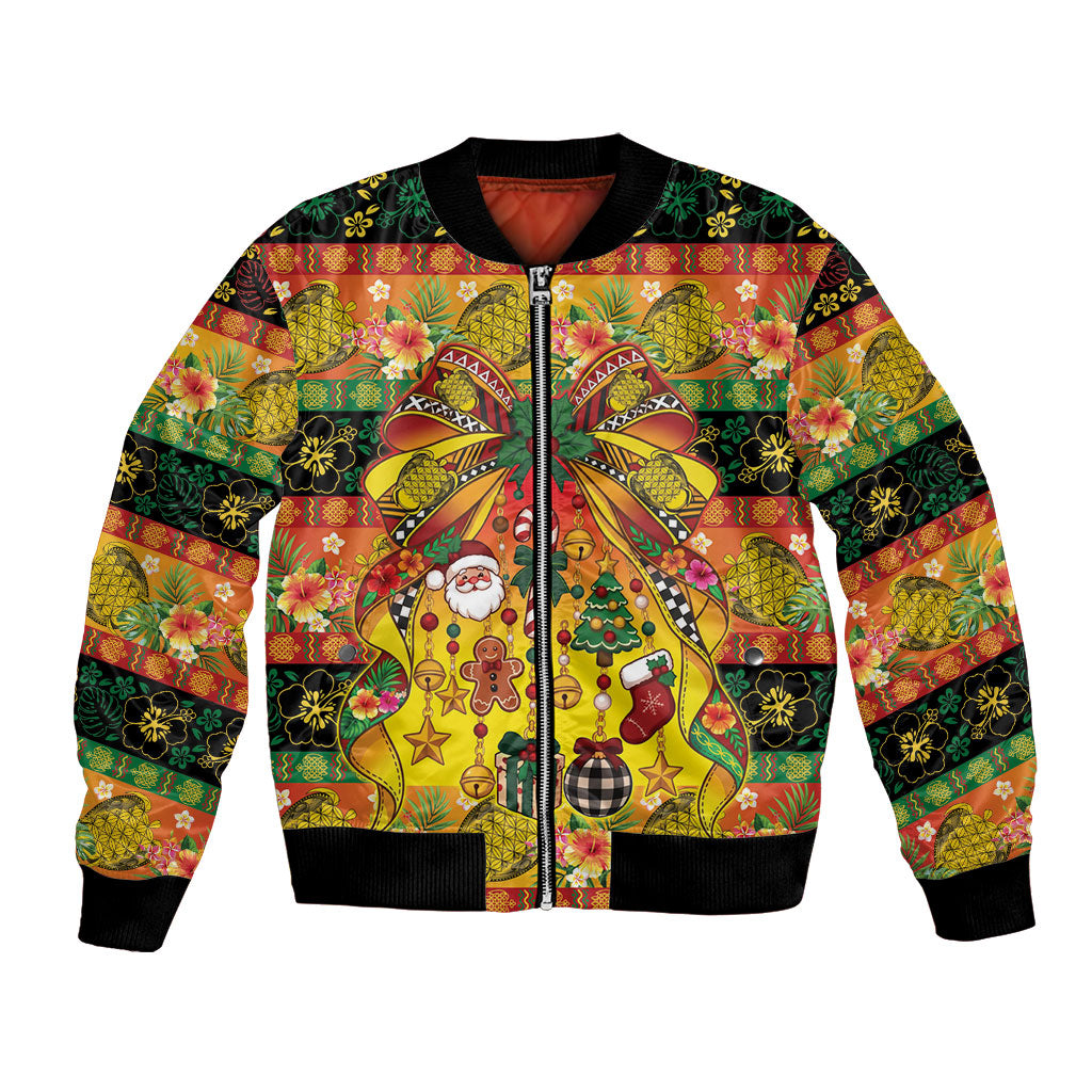 Vanuatu Sand Drawing Christmas Bow Bomber Jacket Meri Krismas Hibiscus Turtle
